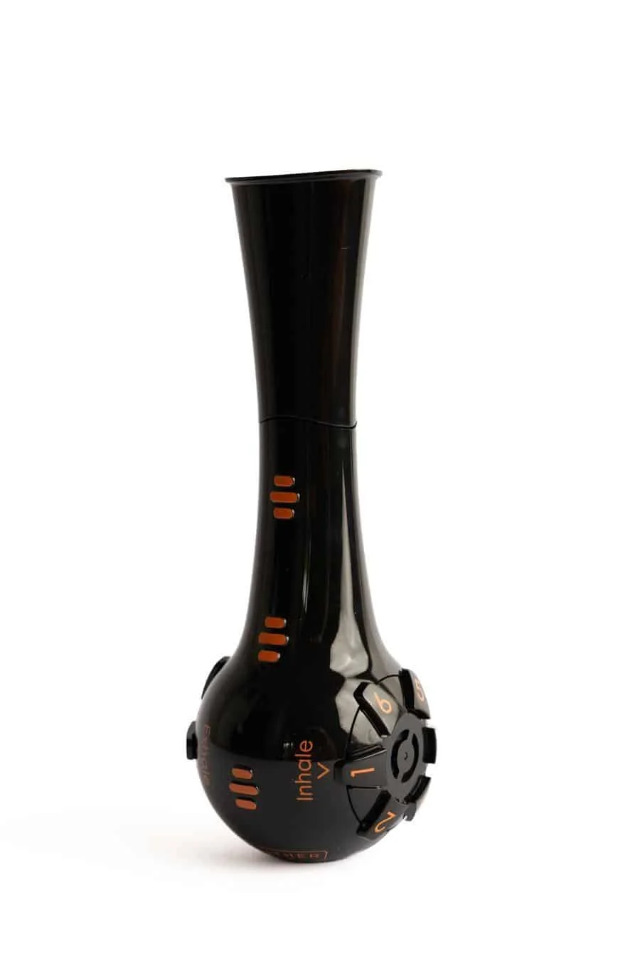 Black electronic inhalation device with orange controls and a tall, curved neck on a white background.