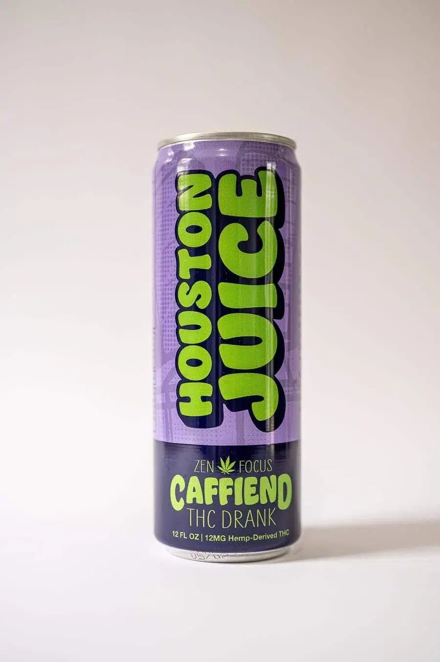 Purple can of hemp-derived THC drink with bright lime-green text reading 'CAFFIEND THC DRANK' and 'Zen Focus'.
