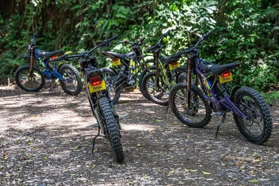 sports and adventure photography costa rica -19 | Pacific Photography A group of mountain bicycles with thick tires parked on a dirt path in a shady forest area, some bikes leaning on kickstands and back tires visible in the background.