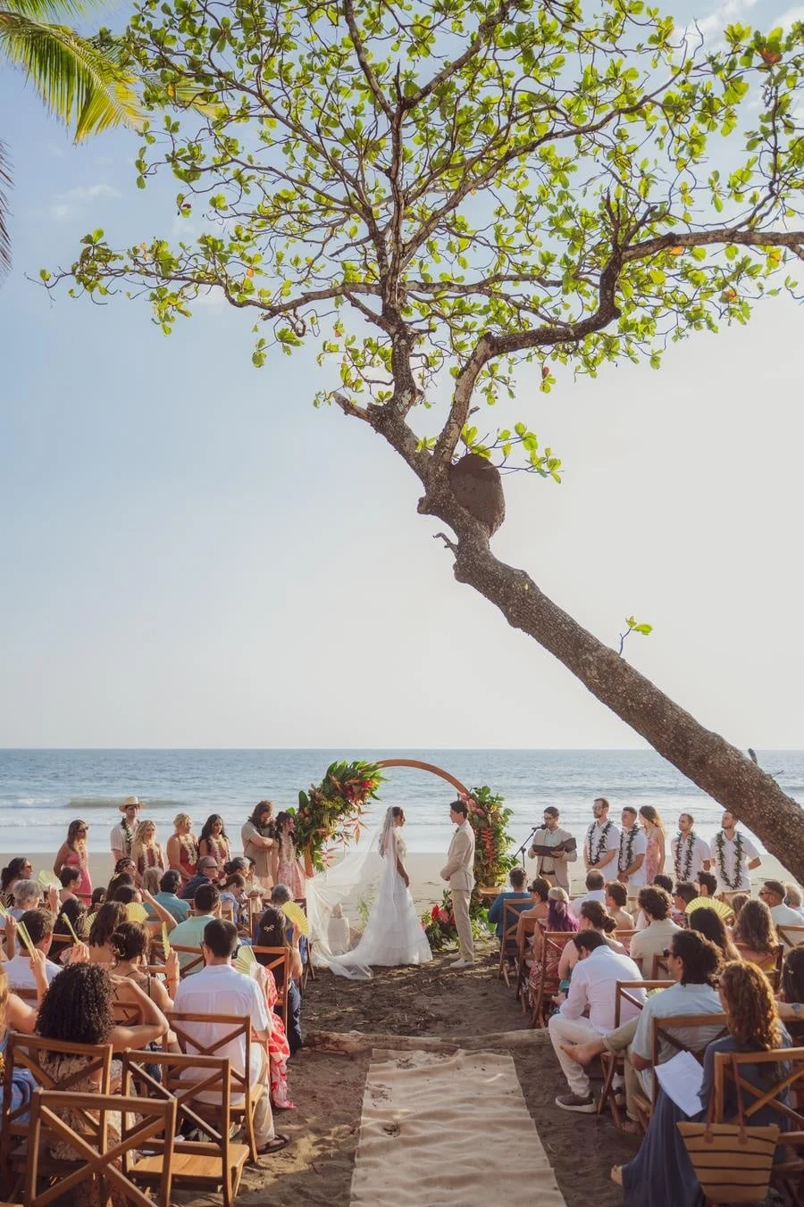wedding ceremony photography costa rica-17 | Pacific Photography Beach wedding on the sand with a tree-arched backdrop, guests seated in wooden chairs, the ocean in the background as the couple exchanges vows.