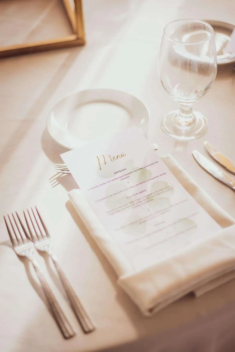 wedding reception and party photography in costa rica -4 | Pacific Photography Elegant table setting with a menu card resting on a folded napkin beside a water glass and polished cutlery on a white tablecloth
